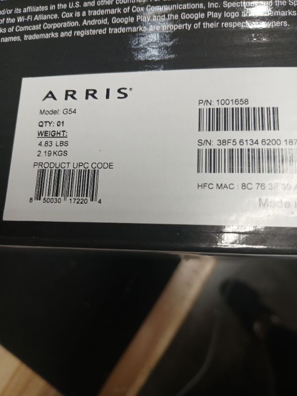 Photo 2 of ARRIS (G54) - Cable Modem Router Combo - Fast DOCSIS 3.1 Multi-Gigabit & BE 18000 WiFi 7 Router Comcast Xfinity, Cox, Spectrum Quad-Band 1, Up to 18 Gbps Max Speed--- SN ---38F561346200187
