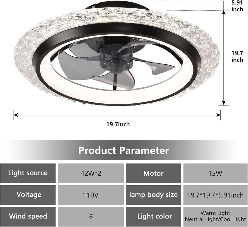 Photo 4 of (READ FULL POST) KINDLOV Ceiling Fans with Lights,Flush Mount Ceiling Fan with LED Light, Remote Control, and Six-Speed Wind Adjustment,Modern Ceiling Fan with Light for Bedroom,Kitchen,Living Room,Black
