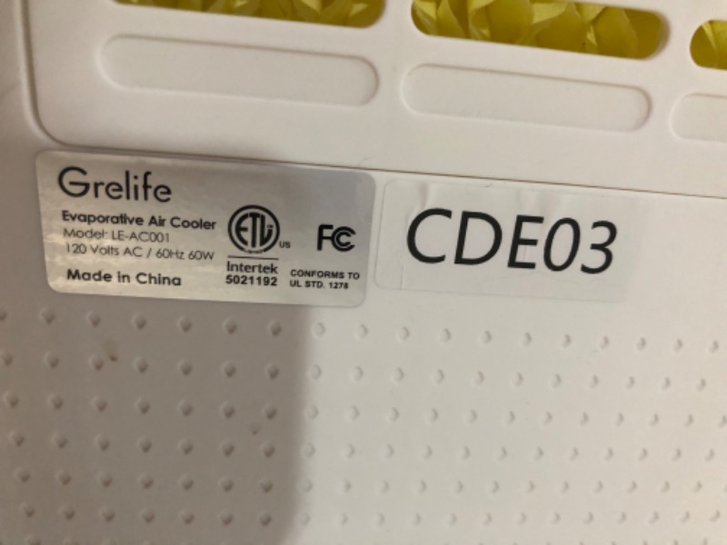 Photo 2 of ***USED - POWERS ON - UNABLE TO TEST FURTHER - MISSING WHEELS AND REMOTE - SEE PICTURES***
Grelife Air Cooler,3-IN-1 Portable Evaporative Air Cooler Cooling Fan with 4 Ice Packs,12H Timer,1.58 Gallons,Remote Control,3 Modes,3 Speeds,Personal Swamp Cooler 