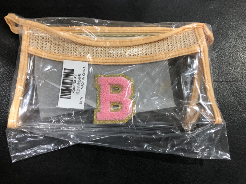 Photo 2 of Small Boho Straw Initial Letter Makeup Bag Personalized Gift ,Cute Clear Chenille Patch Makeup Bag With Zipper,Trendy TSA Approved Travel Toiletry Bag,Gift for Women Girls Birthday Friend, Letter B