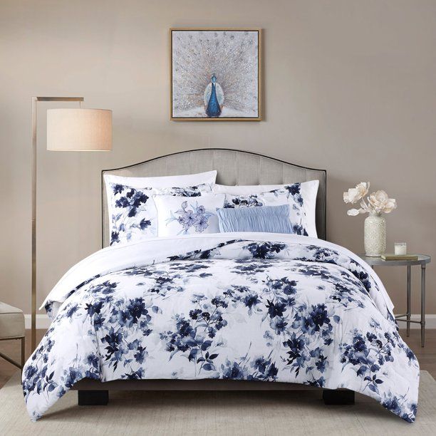 Photo 1 of Beaute Living Wonderful Sophia 5-Piece Floral Pattern Comforter Set 22026 White & Navy/5 Piece - Queen
