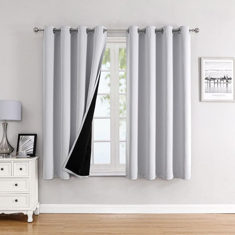 Photo 1 of ChrisDowa 100% Blackout Curtains for Bedroom with Black Liner, 2 Thick Layers Total Blackout Thermal Insulated Grommet Window Curtains 2 Panels Set (Greyish White, 52 x 54 Inch) 