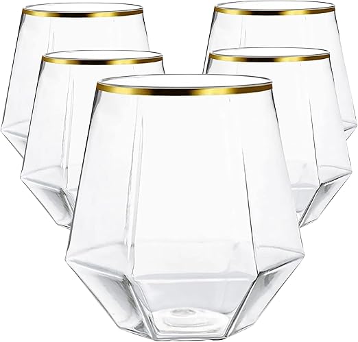 Photo 1 of 40  count Diamond Unbreakable Stemless Plastic Wine Champagne Glasses Disposable Shatterproof BPA-Free Wine Glasses Indoor Outdoor Ideal for Home Office Bars, Wedding 12 Ounce Cup (Gold)
