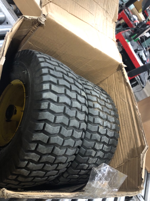 Photo 2 of AR-PRO (2 Pack) 15 x 6.00-6" Lawnmower Tire and Wheel, 4 Ply Tubeless Tires with Rim Assemblies, 3" Centered Hub and 3/4" Bearings - Compatible with John Deere Riding Mower, Lawn Tractor (Yellow)
