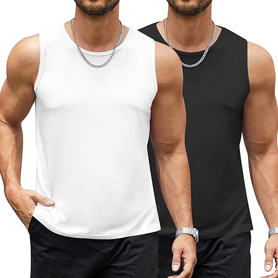 Photo 1 of [Size XL] hawalili Men's 2 Pack Workout Tank Top Sleeveless Casual Running Gym Muscle Bodybuilding Casual Tees - Black/White