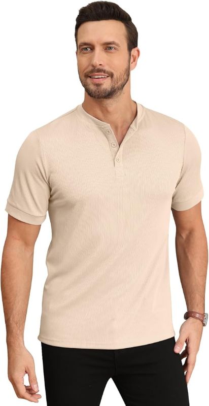 Photo 1 of [Size M] hawalili Men's Short Sleeve Henley Shirts Ribbed Stretchy T-Shirts Button Down Tee Casual Basic Tops Beige,M