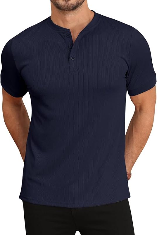 Photo 1 of [Size S] hawalili Men's Short Sleeve Henley Shirts Ribbed Stretchy T-Shirts Button Down Tee Casual Basic Tops Navy Blue,S