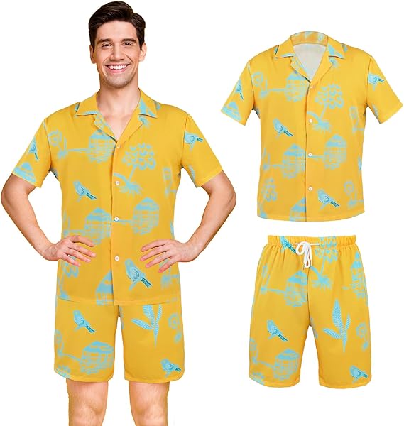 Photo 1 of [Size 2XL] DJKFAEK Men Costume for Adult Men's Cosplay Hawaiian Shirt Mens Shorts Yellow Beach shirts Sets for Halloween Party