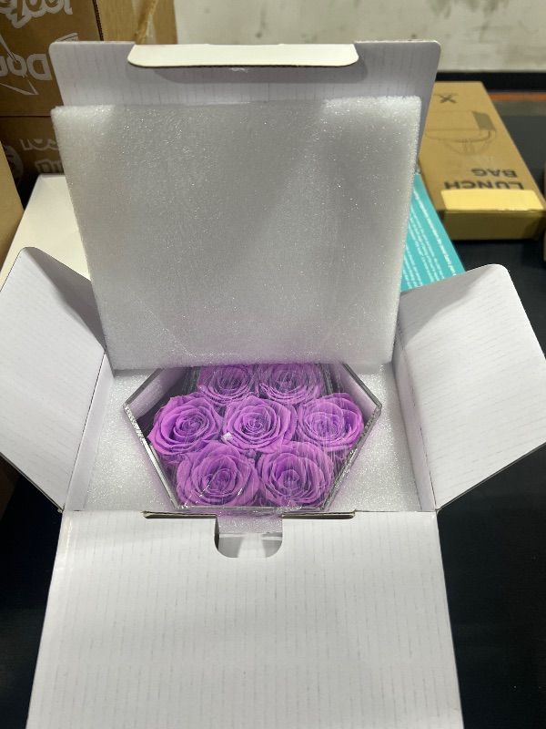 Photo 2 of 7 Forever Roses in a Box - Preserved Rose Bouquet - Valentines Mothers Day Anniversary Birthday Flowers for Women Mom Wife Girlfriend and Her (Hexagon-Purple)