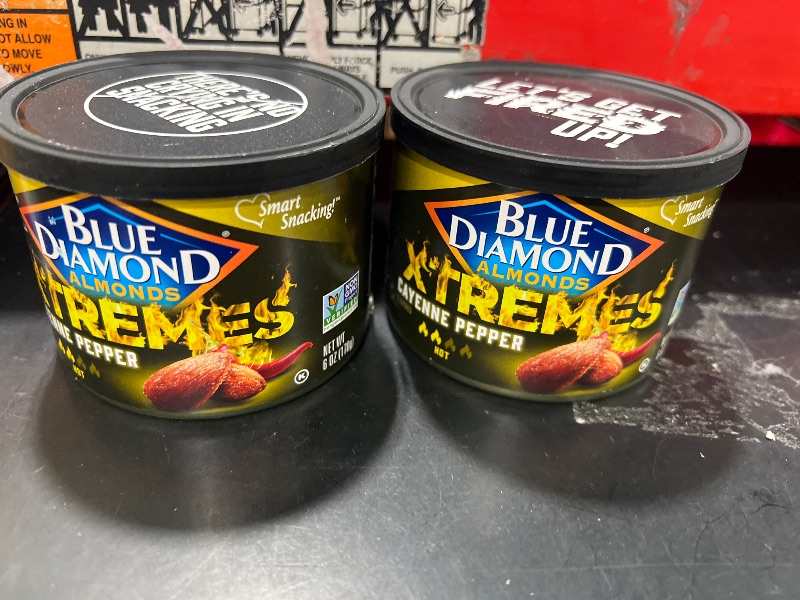 Photo 2 of  2  CANS  OF Blue Diamond Almonds XTREMES Cayenne Pepper Flavored Snack Nuts  BB 12-03-2024