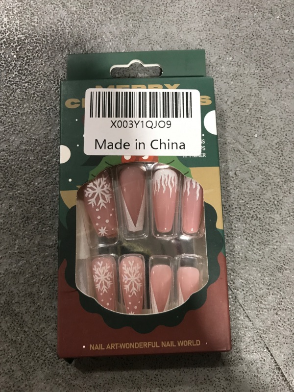 Photo 2 of Christmas Medium Press on Nails Coffin Fake Nails Pink Gradient False Nails with Snowflake Acrylic Nails Glue on Nails Full Cover Cute Glossy Ballerina Artificial Nails for Women 24Pcs