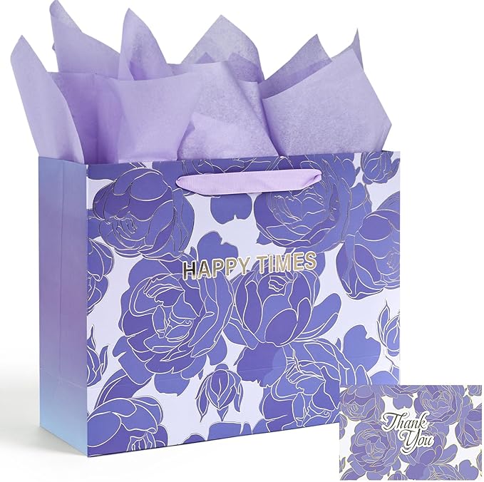 Photo 1 of 2 BAGS JOHOUSE Purple Gift Bags, 13"x 4.7"x 10.2" Gift Bag with Tissue Paper Greeting Card Wedding Gift Bags for Graduation Birthday Party Favor