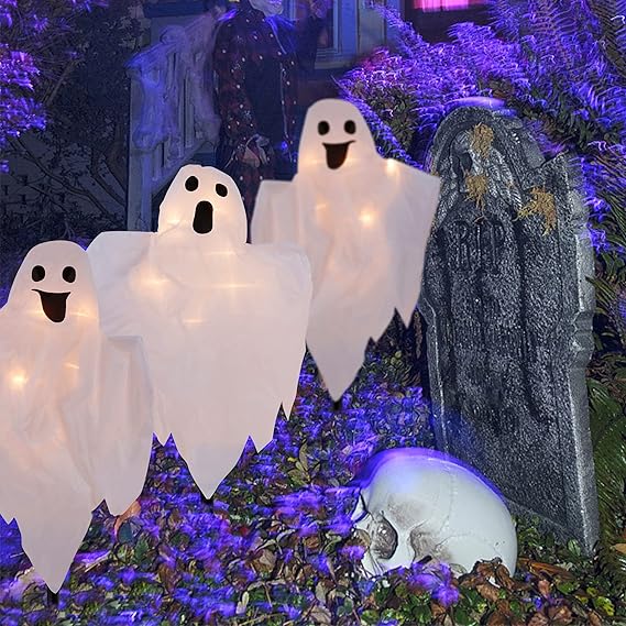 Photo 1 of    Halloween Decorations, 3 Pack 26 Inch Lighted White Ghost Stakes, Cloth Ghosts with 20-Count Incandescent Light, Light Up Holiday Party Home Haunted House Yard Art, Indoor Outdoor Ornament