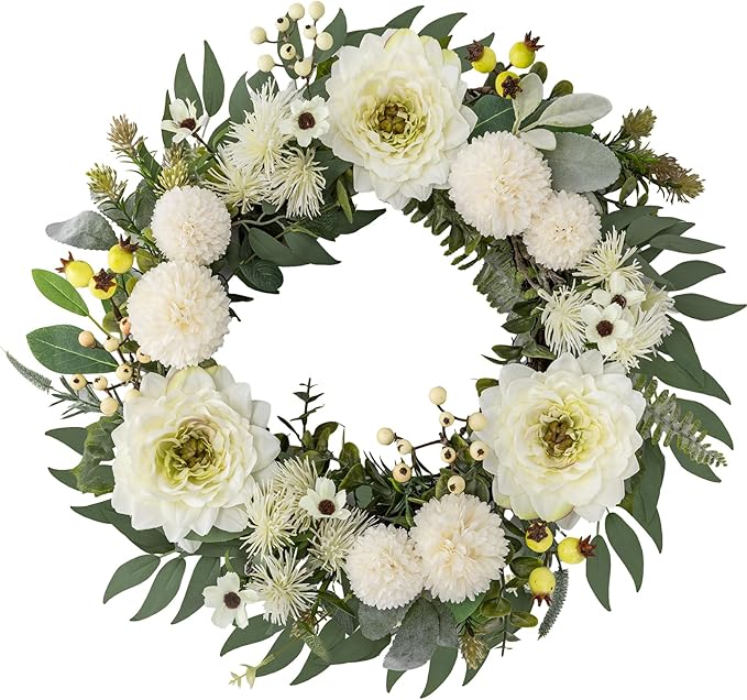 Photo 1 of 22'' Summer Wreaths for Front Door,Hydrangea Artificial Flowers with Blue Hydrangeas, Berries, Globular Daisies,Hydrangea Plant for Outdoor/Indoor Window Wall Porch Home Farmhouse Decor.