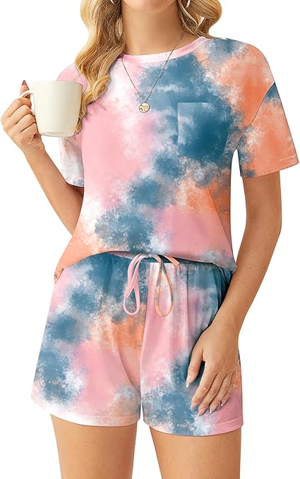 Photo 1 of  S    NORACORA Pajamas Set for Women 2 Piece Tie Dye Lounge Set Casual Crew Neck Pj Sets Cute Loungewear Outfits with Pockets