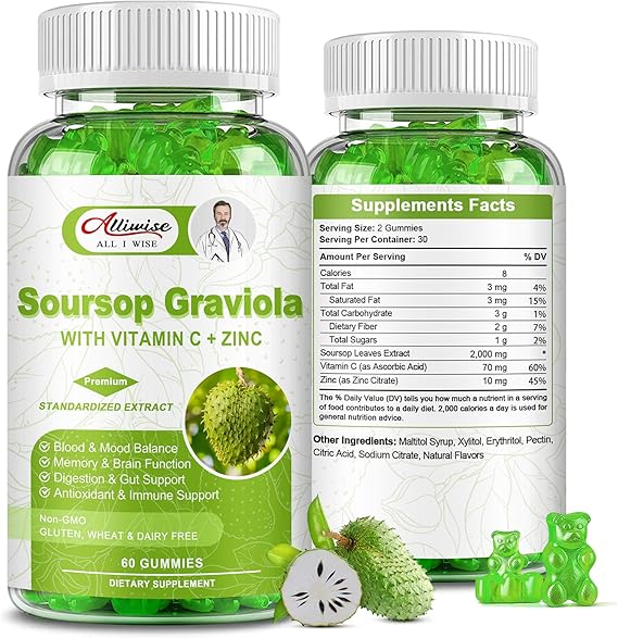 Photo 1 of 2000mg Natural Soursop Graviola Gummies Supplement, Original Soursop Leaves Extract with Vitamins C & Zinc for Women & Men, Multivitamin Soursop Fruit Supplement for Immunity & Antioxidant & Energy BB 01-2026