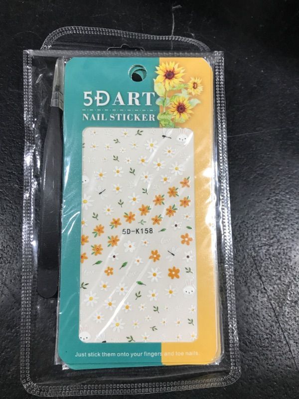 Photo 2 of 5D Flower Nail Art Stickers with Tweezer 3 Sheets Embossed Colorful Daisy Heart Nail Decals Pegatinas Uñas Self Adhesive Floral 3D Nail Accessories for Women Spring Summer Manicure Decoration