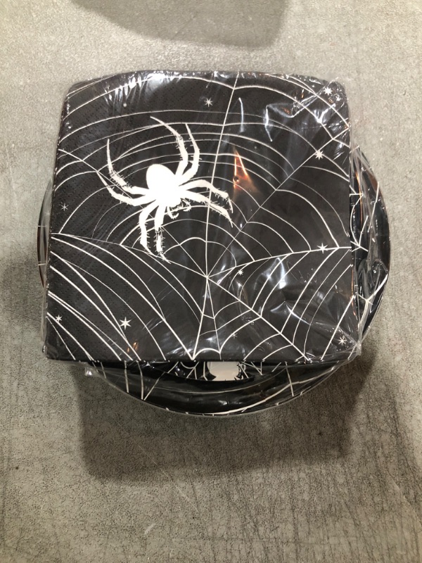 Photo 2 of ZVK Spider Paper Plates Napkins Set 90 Pieces for Halloween Party Dessert Plates Paper Napkins Disposable Cobweb Tableware Set Party Supplies Table Decorations