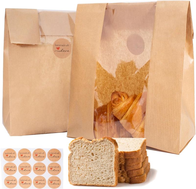 Photo 1 of Paper Bread Bags 100 Packs Homemade Bread Storage Bags with Clear Window Large Size Sourdough Bread Bags with Seal Stickers Bakery Packaging Bags for Cookies, Candies and Treats
