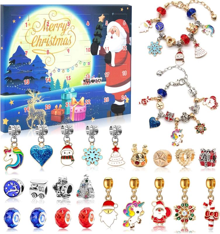 Photo 1 of Advent Calendar 2024, 24 Days Christmas Countdown Calendar Jewelry Girls Gifts,DIY Christmas Bracelet Making Kit for Kids Adult Christmas Gifts Include 2 Bracelet 22 Charm Beads
