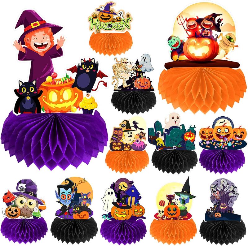 Photo 1 of 12 Pack Halloween Honeycomb Centerpieces Table Decorations,Pumpkin Ghost Witch Cat Tombstone and More Halloween Elements for Halloween Party Favors Supplies,Cute Party Home Room Table Desk Decor
