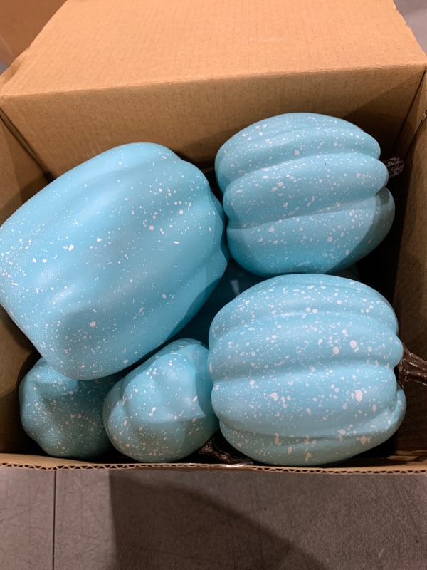 Photo 2 of 7Pcs Artificial Pumpkins of all Styles Halloween Decoration Rural Style Farmhouse Foam Pumpkin Harvest Season Thanksgiving Day is Suitable for Table top House Dining Table Party Decoration (Light Blue