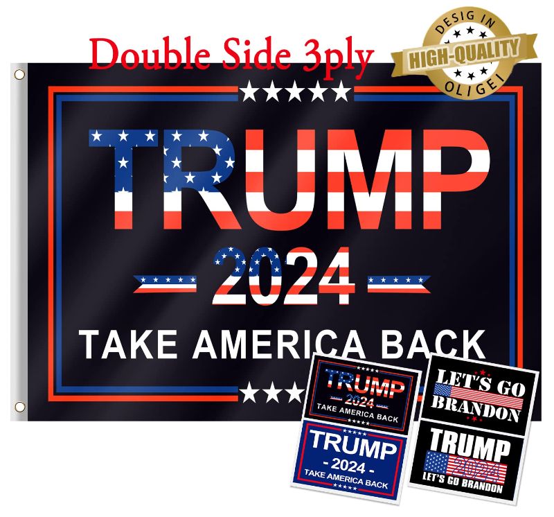 Photo 1 of 3 PACK - Trump 2024 Flag, 3x5 Feet Trump Flag 2024 Take American Back with 4 Pcs Trump 2024 Sticker, 3 Ply Double Sided Trump 2024 Flag with Brass Buttonhole Trump Flag for Outdoor Room (Black)