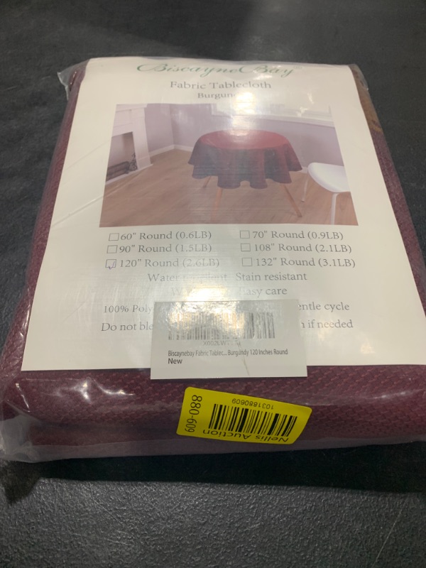 Photo 2 of Biscaynebay Textured Fabric Tablecloths 120" Round for Tables' Diameters from 60" to 102", Burgundy Water Resistant Tablecloths for Dining, Kitchen, Wedding, Parties etc. Machine Washable 120" Round Burgundy