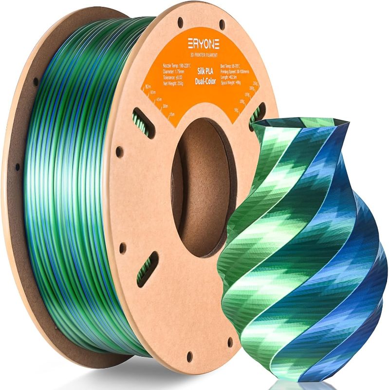 Photo 1 of ERYONE Silk Dual Color PLA Filament 3D Printer 1.75mm +/- 0.03mm, Bicolor Filament Two Tone PLA 250G(0.55lbs) Cardboard Spool, Blue Green
