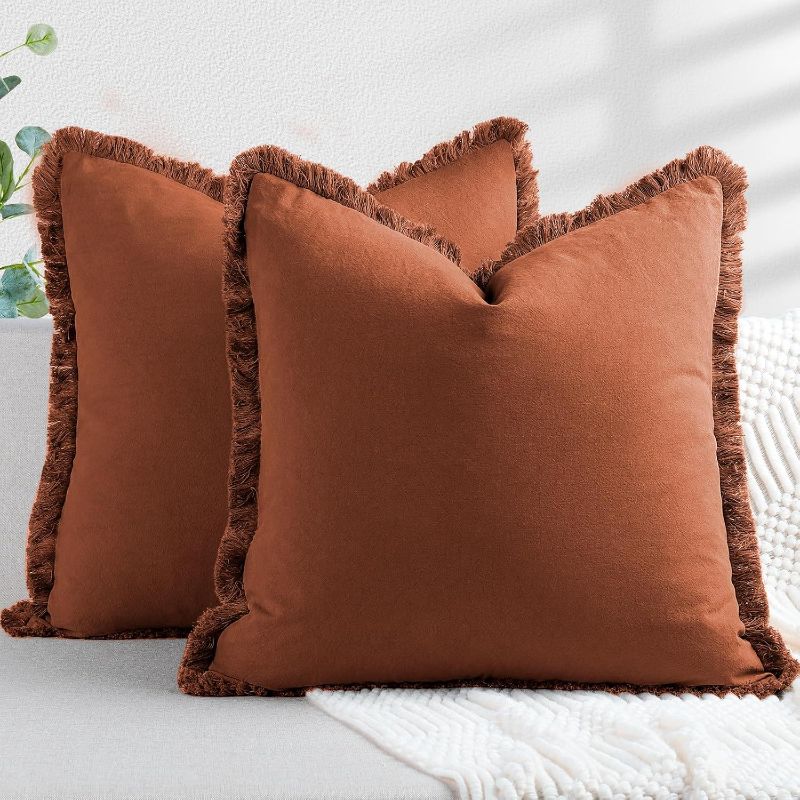 Photo 1 of ZWJD Pillow Covers 22x22 Set of 2 Rust Throw Pillow Covers with Fringe Chic Cotton Decorative Pillows Square Cushion Covers for Sofa Couch Bed Living Room Farmhouse Boho Decor
