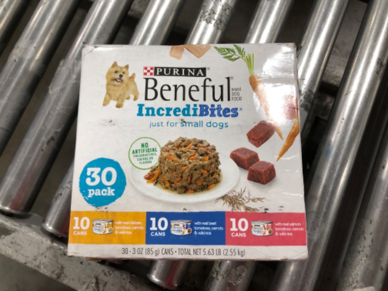 Photo 2 of Purina Beneful Small Breed Wet Dog Food Variety Pack, IncrediBites With Real Beef, Chicken or Salmon - (Pack of 30) 3 oz. Cans, BEST BY 07/2026