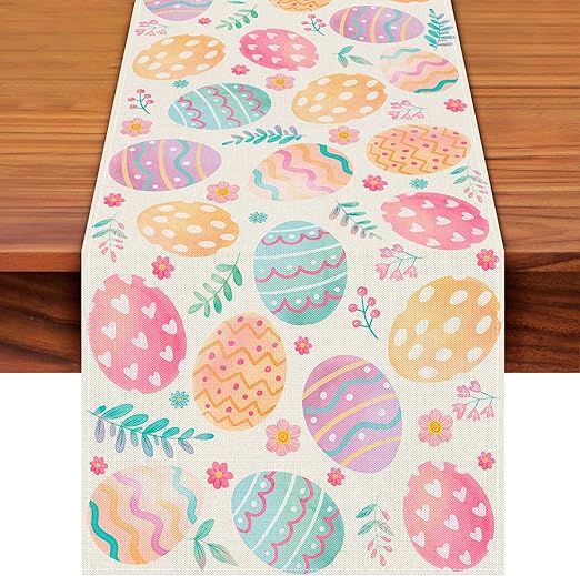 Photo 1 of Easter Egg Table Runner 72 x 13 Inch, Colorful Egg Pattern Table Cover for Spring Holiday Celebration, Perfect for Home, Party, Kitchen, Mantel, Dining Decorations/