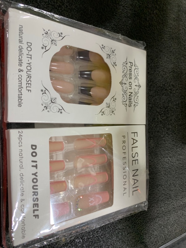 Photo 1 of Black and Pink French Tip Press On Nails, Long Press on Nails Long Coffin Fake Nails Square Coffin French Fake Nails Full Cover for Women 48Pcs