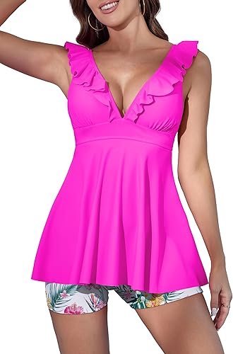 Photo 1 of B2prity Ruffle Tankini Tops for Women V Neck Tummy Control Swimsuits Two Piece Bathing Suits with Boyshorts Lace Up Swimwear(Red)