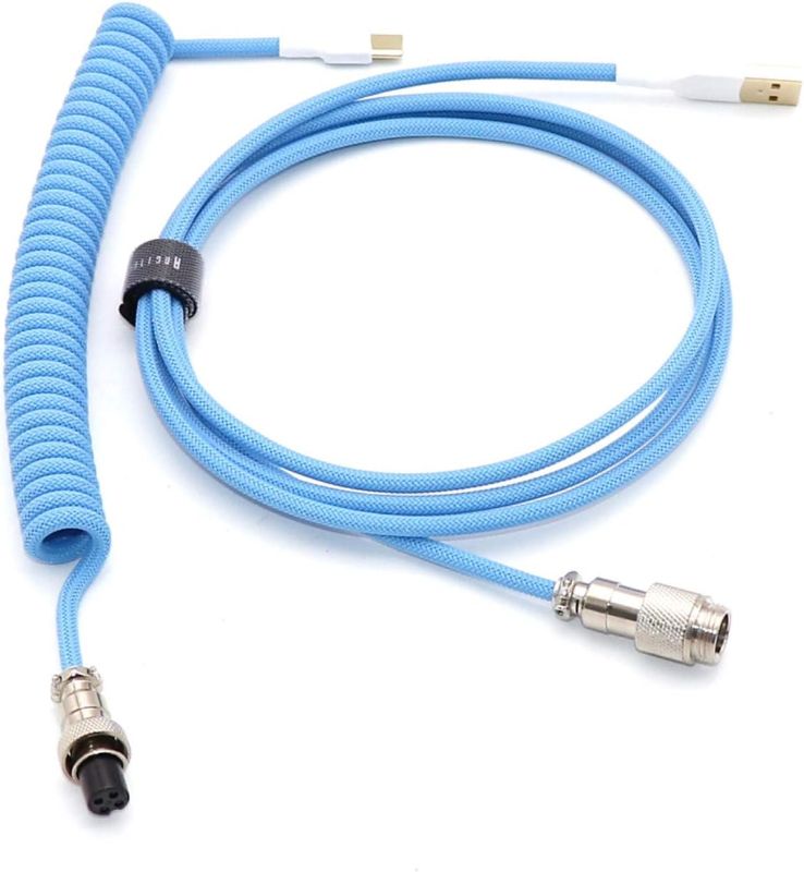 Photo 1 of Angitu L Shape Single Sleeved PET Coiled Type C Cable for Mechanical Keyboard Coiling Spring Sprial Cable with GX12 Aviator (1.5M+0.2M, Aqua Blue)
