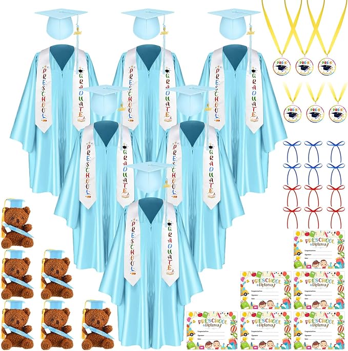 Photo 1 of 60 Pcs Preschool Kindergarten Graduation Cap and Gown with 2024 Tassel Stole Certificate Medal Bear for Kids
