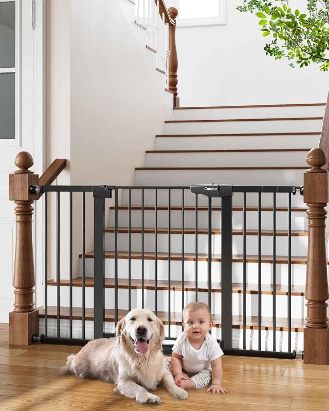 Photo 1 of Cumbor 29.7-54.2" Wide Baby Gate for Stairs, Mom's Choice Awards Winner-Self Closing Dog Gate Indoor for Doorways, No Drilling Pressure Mounted Pet Gates for Kids, Easy Walk Through Safety Gate, Black 