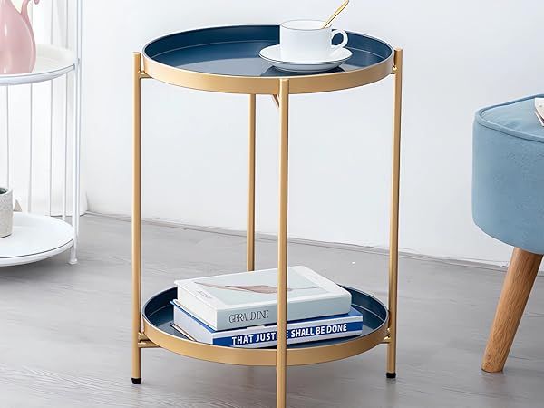 Photo 2 of BYDEFPOK Round Side Table, 2-Tier Metal End Table with Removable Tray, Anti-Rust Folding Sofa Small Port Table Bedside Table, Small End Tables for Small Spaces Living Room (Gold Blue)