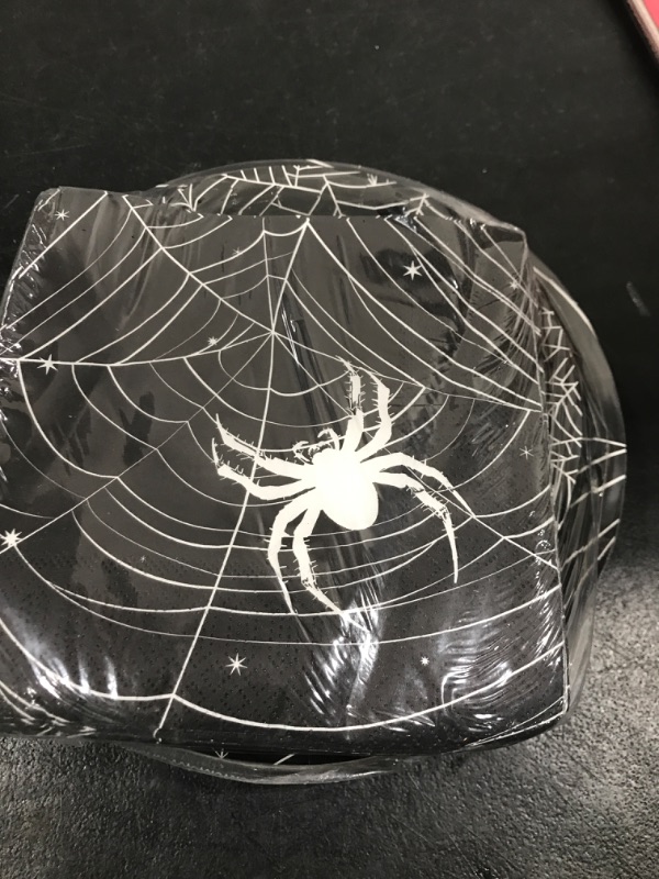 Photo 2 of ZVK Spider Paper Plates Napkins Set 90 Pieces for Halloween Party Dessert Plates Paper Napkins Disposable Cobweb Tableware Set Party Supplies Table Decorations