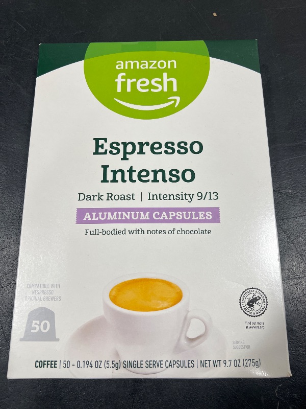 Photo 2 of Amazon Fresh Espresso Intenso Dark Roast Aluminum Capsules, Compatible with Nespresso Original Brewers, Intensity 9/13, 50 Count (5 Packs of 10)  BB 12-04-2024