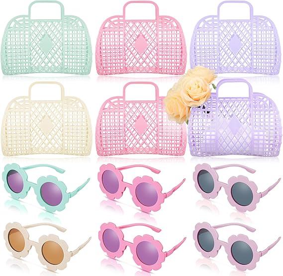 Photo 1 of Sweetude 12 Pcs Jelly Bags with Sunglasses Jelly Purse Jelly Basket Reusable Tote Beach Handbags for Women Girls Kid