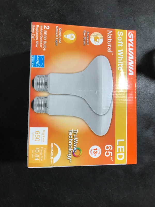 Photo 2 of SYLVANIA LED TruWave Natural Series BR30 Light Bulb, 65W Equivalent Efficient 7W, Medium Base, Dimmable, 650 Lumens, Frosted, 2700K, Soft White - 2 pack (40728)