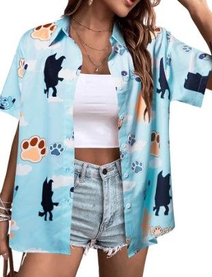 Photo 1 of Blue Dog Tropical Shirt for Women Hawaiian Shirts Summer Beach Tshirt Soft Cool Short Sleeve Button Up Tops