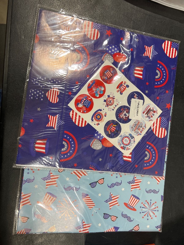 Photo 2 of 2 packs  Mpanwen 4th of July Wrapping Paper for Memorial Day, 8 Sheets Patriotic Wrapping Paper Gift Wrap for Independence Day - 27 x 39.5 Inches Per Sheet