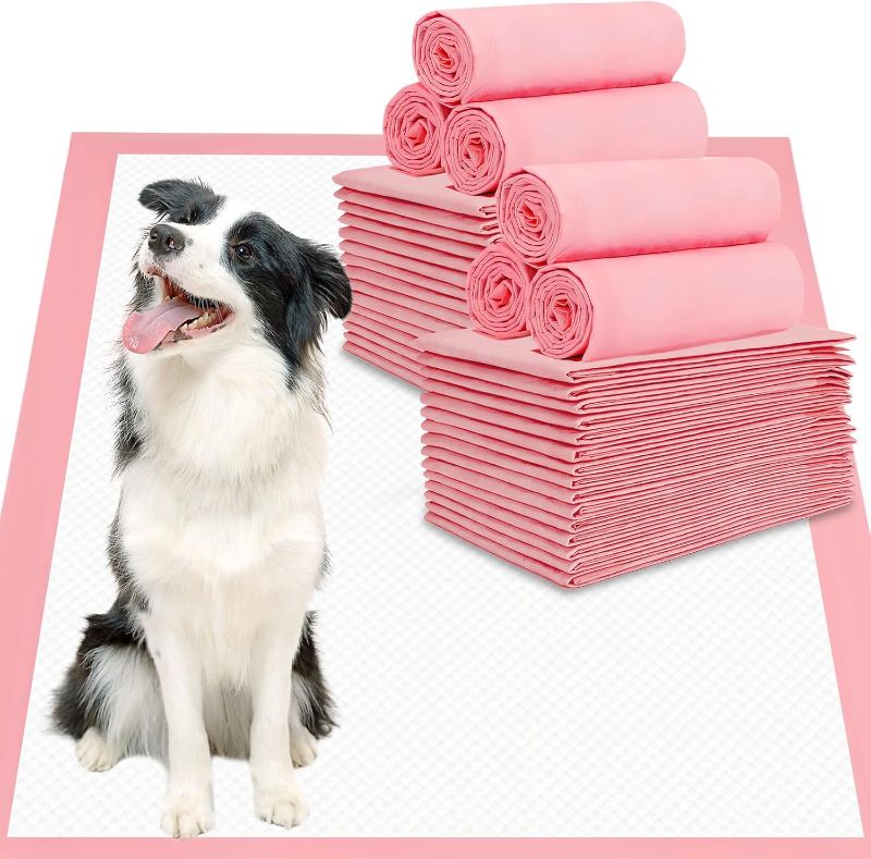 Photo 1 of BinetGo Pink Disposable Pee Pads for Dogs, 50 Count 28” x 36” XX-Large Wee Wee Pads for Dogs Urine, Extra Absorbent Unscented Puppy Pads, Pet Training Pads for Dogs, Pink Doggy Pee Pads for Indoors
