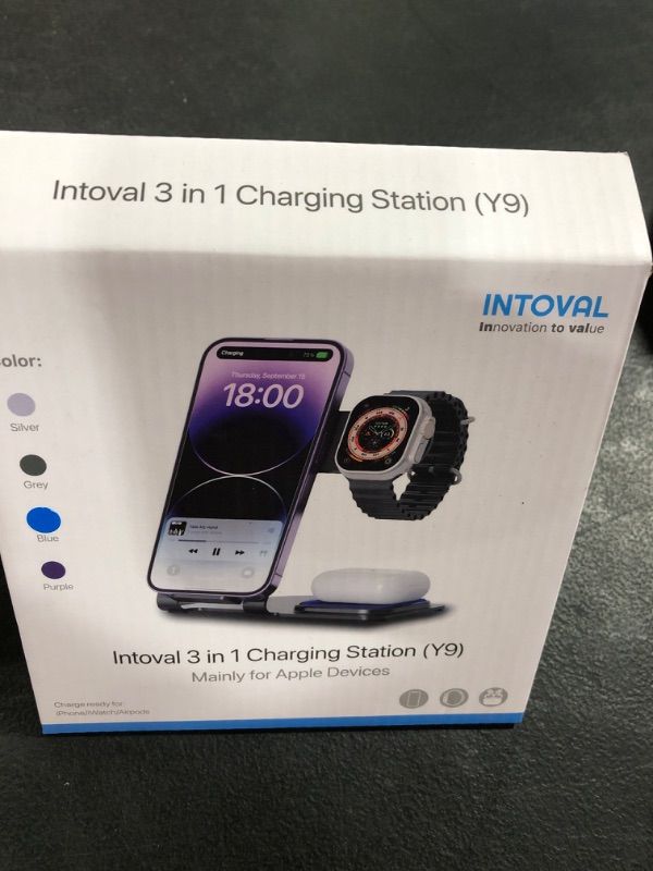 Photo 2 of Intoval Charging Station for Apple iPhone/Watch/Airpods, 3 in 1 Wireless Charger for iPhone 15/14/13/12/11/XS/XR/XS/X/8, iWatch 9/Ultra 2/8/Ultra/7/6/SE/5/4/3/2, Airpods Pro2/Pro1/3/2/1 (Y9,Blue)