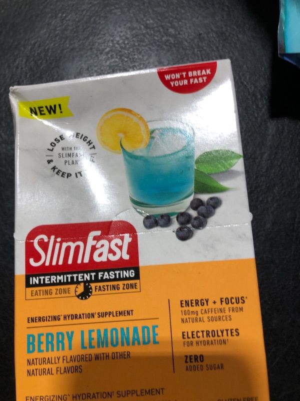 Photo 2 of SlimFast Intermittent Hydration Packets, Intermittent Fasting Electrolytes, Energy Powder Drink Mix, Caffeine from Natural Sources- Berry Lemonade (12 Count)