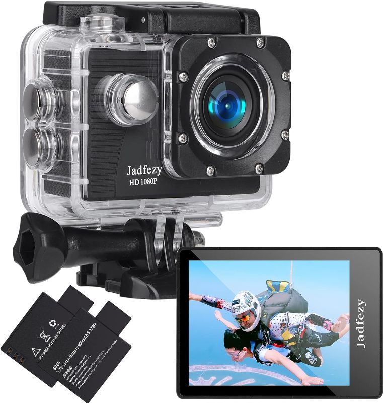 Photo 1 of Action Camera FHD 1080P 12MP, 98FT/30M Underwater Waterproof Camera with 2 Batteries, Wide Angle Sports Camera with Accessories Kit Suitable for Helmet, Bicycle, etc.