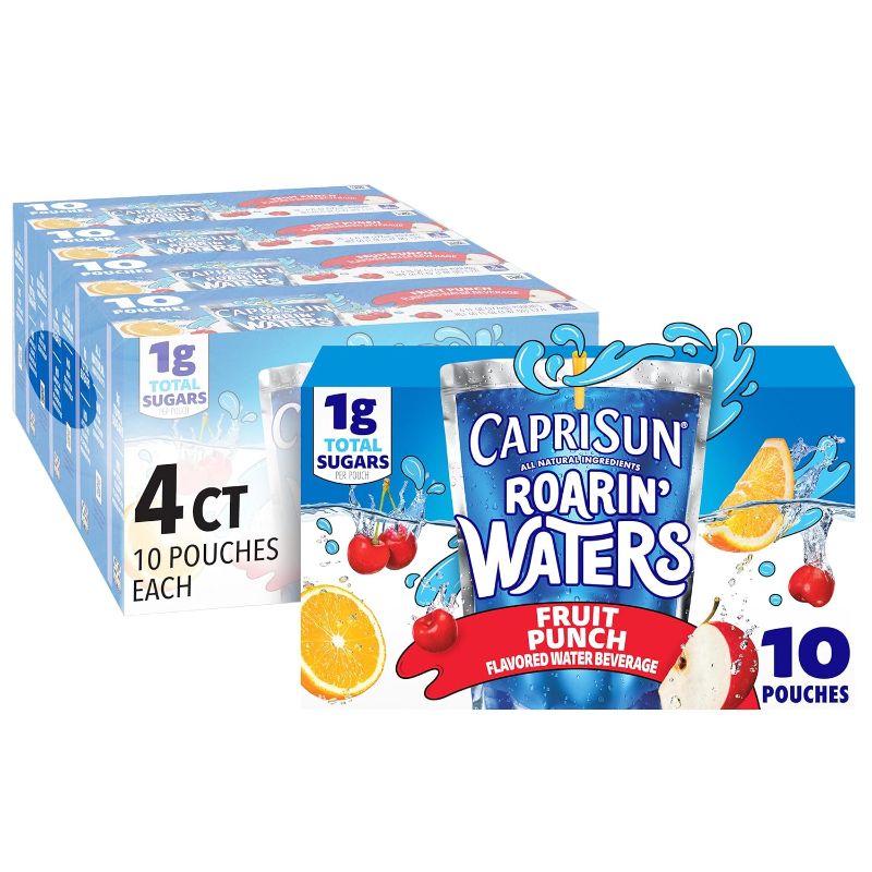 Photo 1 of Capri Sun Roarin' Waters Fruit Punch Flavored with other natural flavor Water Beverage, 40 ct Pack, 4 Boxes of 10 Drink Pouches