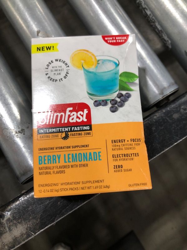 Photo 2 of SlimFast Intermittent Hydration Packets, Intermittent Fasting Electrolytes, Energy Powder Drink Mix, Caffeine from Natural Sources- Berry Lemonade (12 Count) EXPIRES 12/24